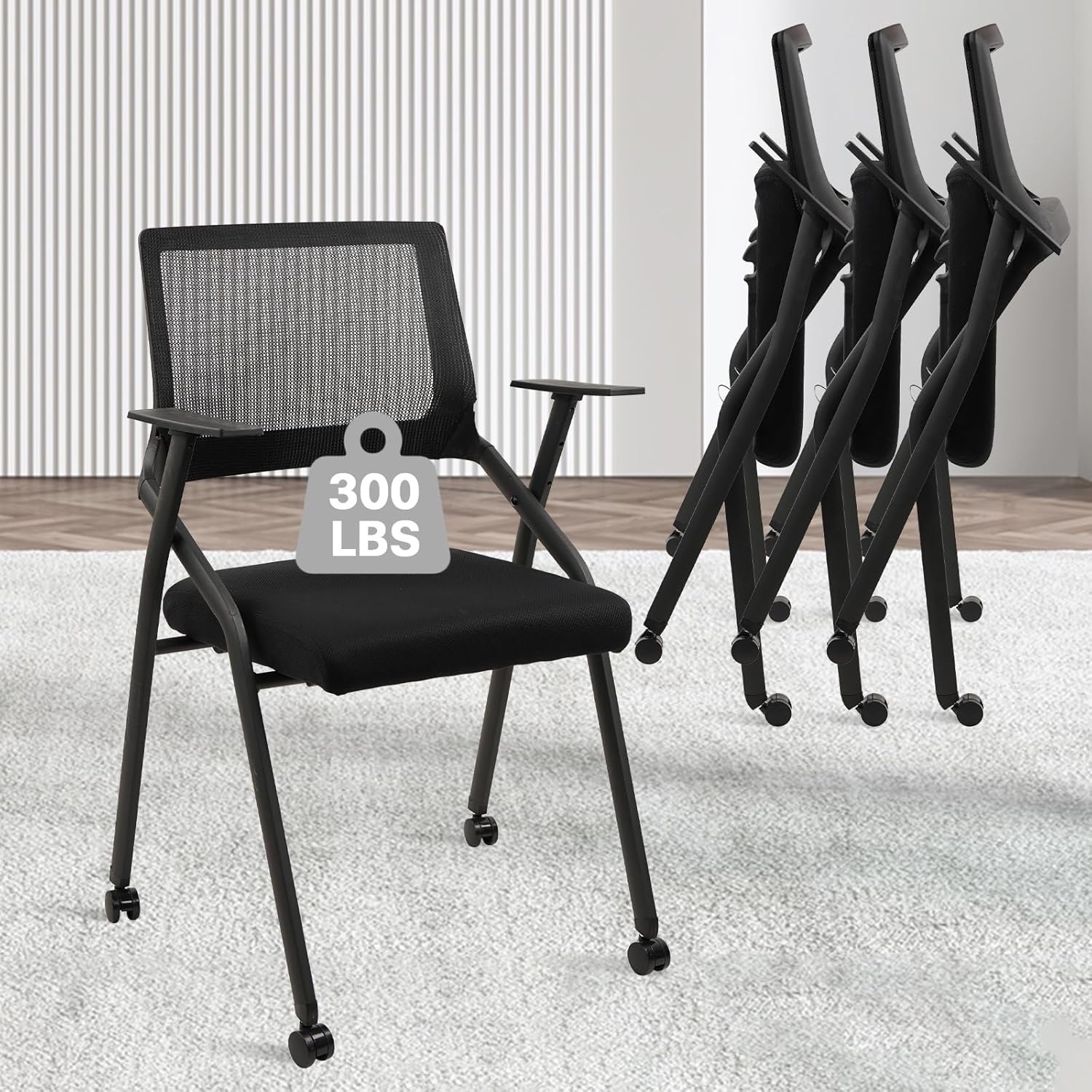 image:imageCLATINA Stackable amp Foldable Chairs with Wheels Reception Guest Chairs with Lumbar Support Ergonomic Mesh Back Folding Chair for Office Schools Training Conference Waiting Room Black 8PACKBlackwith Wheel