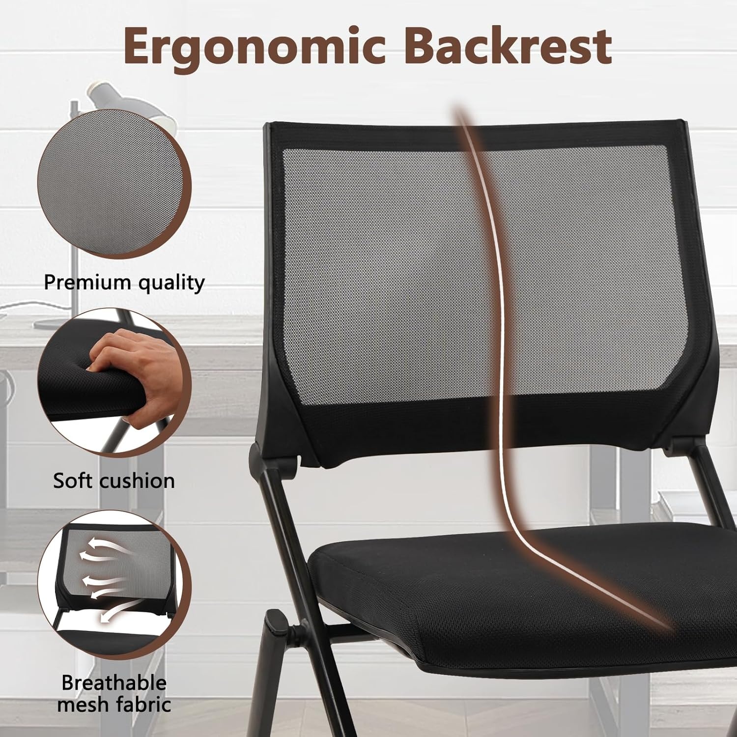 image:imageCLATINA Stackable amp Foldable Chairs with Wheels Reception Guest Chairs with Lumbar Support Ergonomic Mesh Back Folding Chair for Office Schools Training Conference Waiting Room Black 8PACKBlackarmless