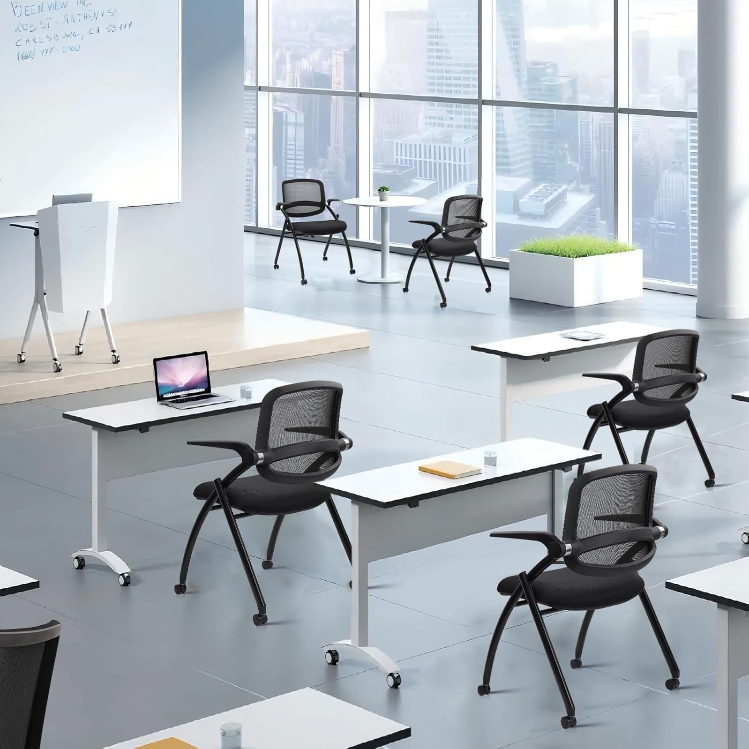 image:imageCLATINA Stackable amp Foldable Chairs with Wheels Reception Guest Chairs with Lumbar Support Ergonomic Mesh Back Folding Chair for Office Schools Training Conference Waiting Room Black 8PACKBlackflip Up Arms