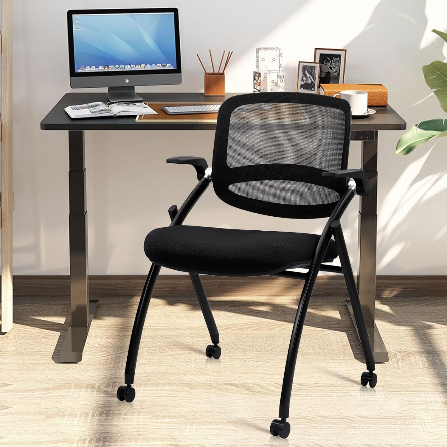 image:imageCLATINA Stackable amp Foldable Chairs with Wheels Reception Guest Chairs with Lumbar Support Ergonomic Mesh Back Folding Chair for Office Schools Training Conference Waiting Room Black 8PACKBlackflip Up Arms