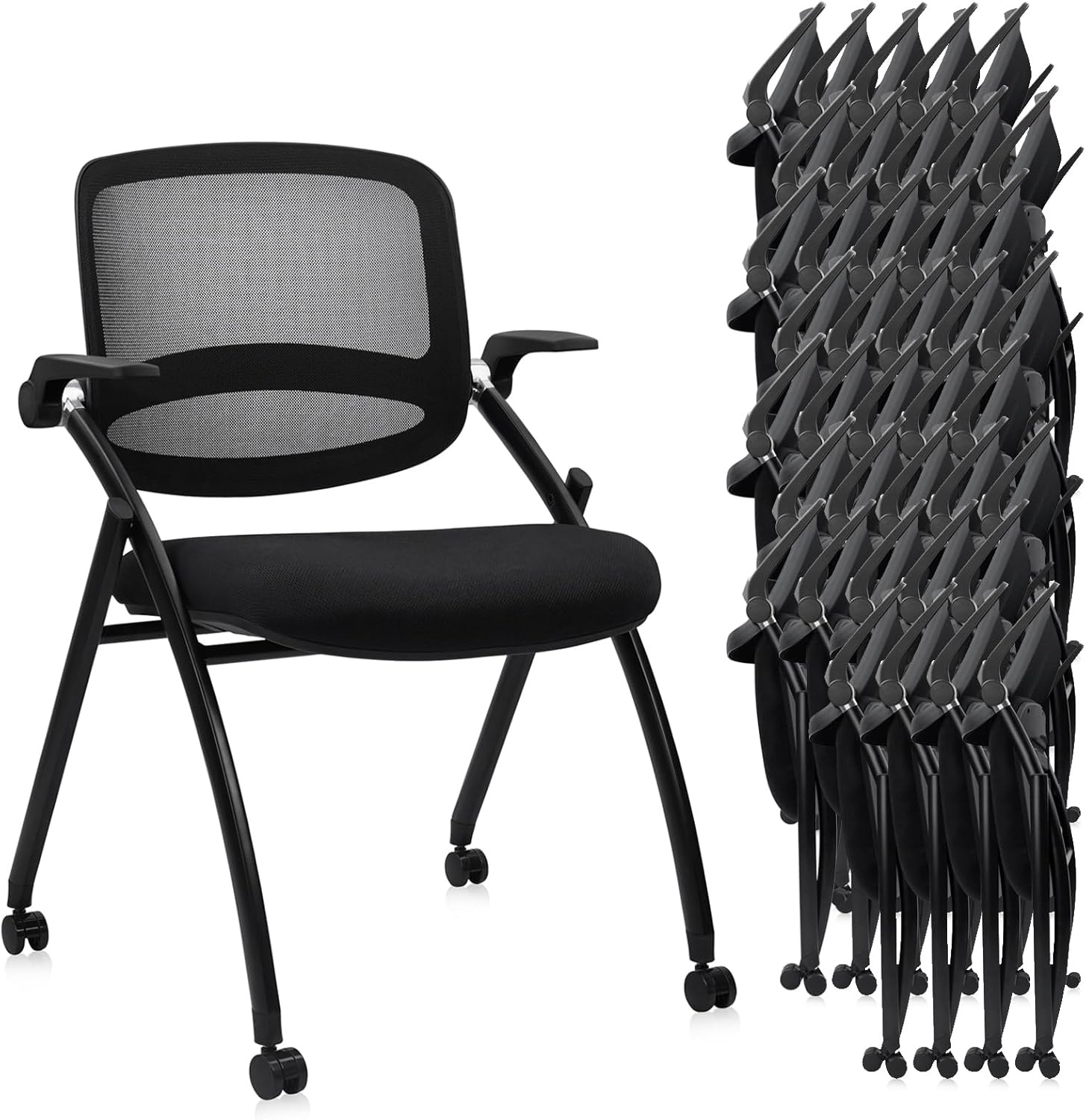 image:imageCLATINA Stackable amp Foldable Chairs with Wheels Reception Guest Chairs with Lumbar Support Ergonomic Mesh Back Folding Chair for Office Schools Training Conference Waiting Room Black 8PACKBlackflip Up Arms