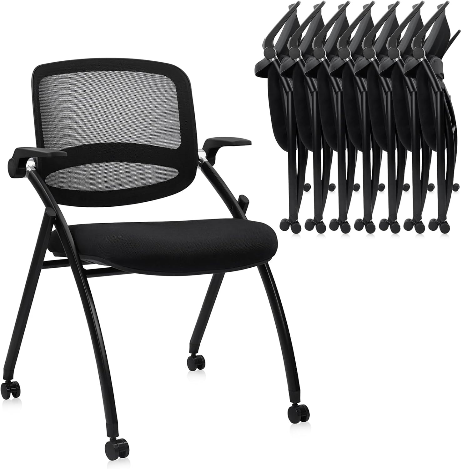 image:imageCLATINA Stackable amp Foldable Chairs with Wheels Reception Guest Chairs with Lumbar Support Ergonomic Mesh Back Folding Chair for Office Schools Training Conference Waiting Room Black 8PACKBlackflip Up Arms