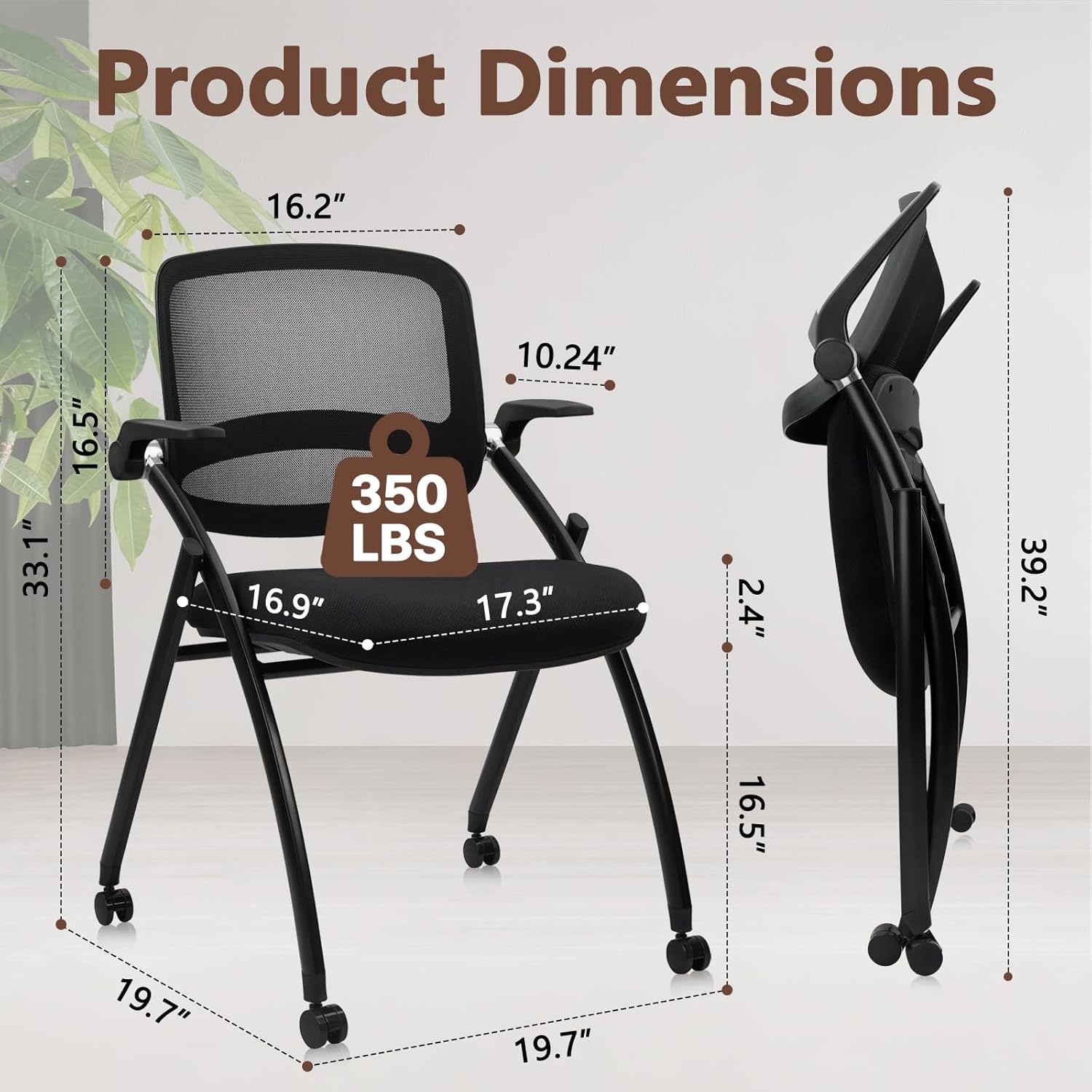 image:imageCLATINA Stackable amp Foldable Chairs with Wheels Reception Guest Chairs with Lumbar Support Ergonomic Mesh Back Folding Chair for Office Schools Training Conference Waiting Room Black 8PACKBlackflip Up Arms