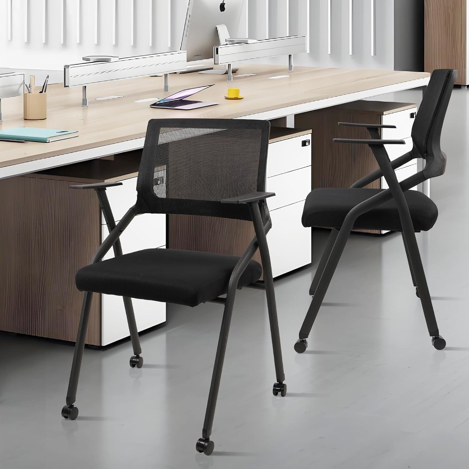 image:imageCLATINA Stackable amp Foldable Chairs with Wheels Reception Guest Chairs with Lumbar Support Ergonomic Mesh Back Folding Chair for Office Schools Training Conference Waiting Room Black 8PACKBlackwith Wheel