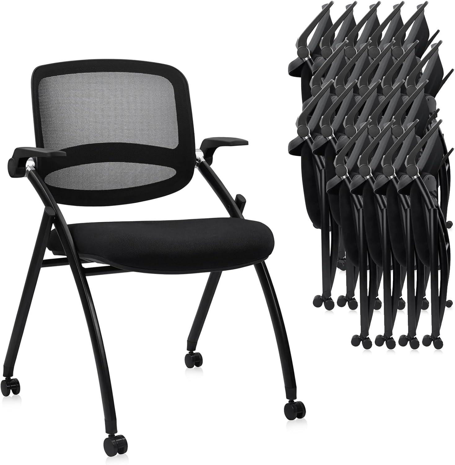 image:imageCLATINA Stackable amp Foldable Chairs with Wheels Reception Guest Chairs with Lumbar Support Ergonomic Mesh Back Folding Chair for Office Schools Training Conference Waiting Room Black 8PACKBlackflip Up Arms