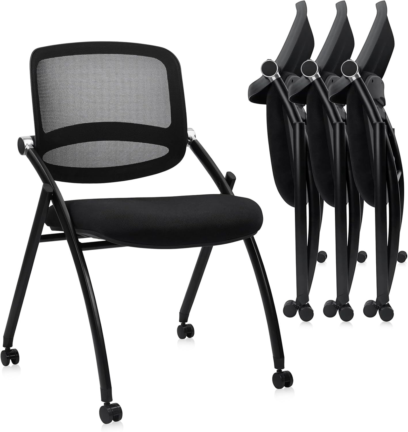 image:imageCLATINA Stackable amp Foldable Chairs with Wheels Reception Guest Chairs with Lumbar Support Ergonomic Mesh Back Folding Chair for Office Schools Training Conference Waiting Room Black 8PACKBlackcurved Backrest