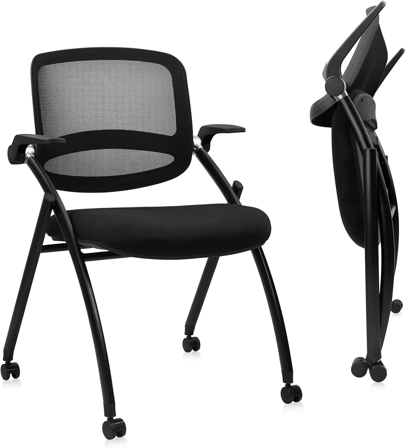 image:imageCLATINA Stackable amp Foldable Chairs with Wheels Reception Guest Chairs with Lumbar Support Ergonomic Mesh Back Folding Chair for Office Schools Training Conference Waiting Room Black 8PACKBlackflip Up Arms