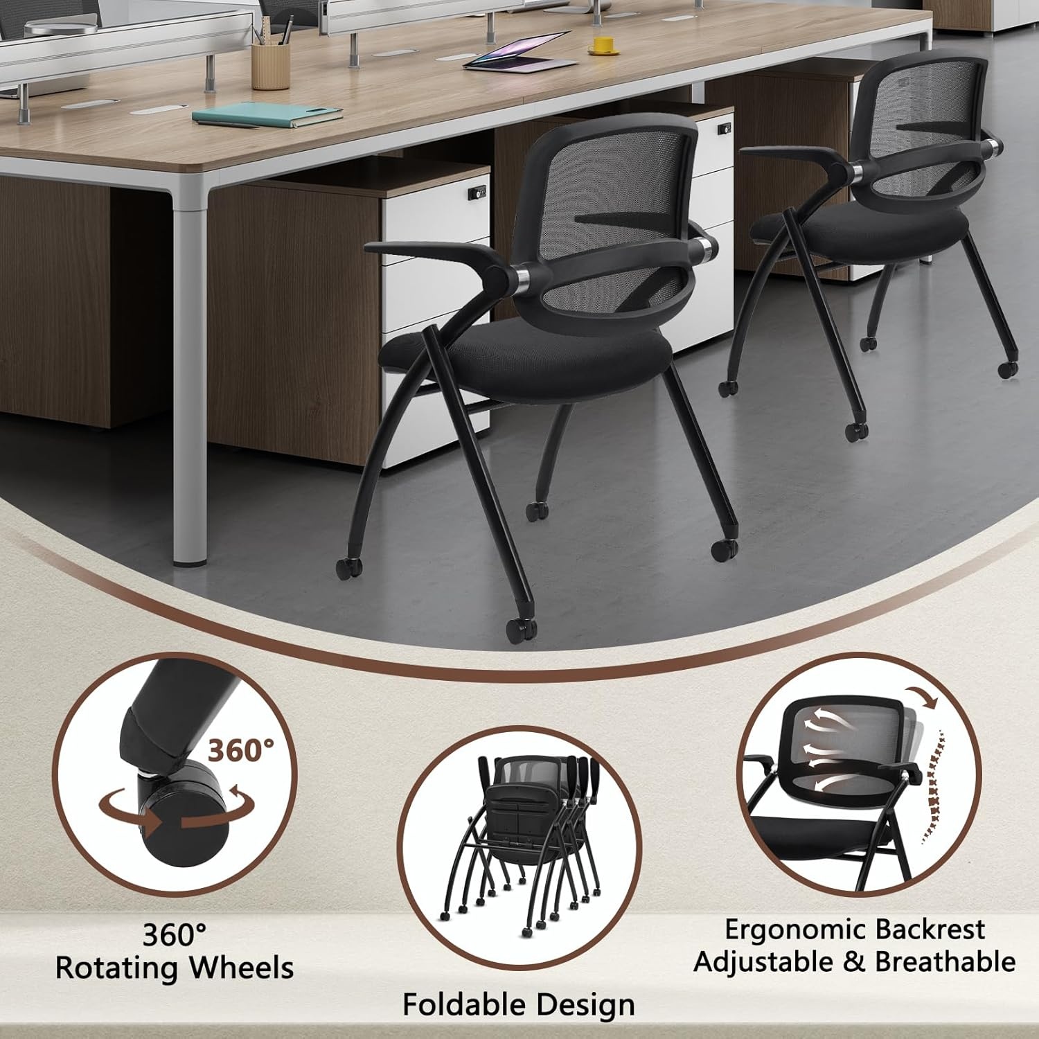 image:imageCLATINA Stackable amp Foldable Chairs with Wheels Reception Guest Chairs with Lumbar Support Ergonomic Mesh Back Folding Chair for Office Schools Training Conference Waiting Room Black 8PACKBlackflip Up Arms