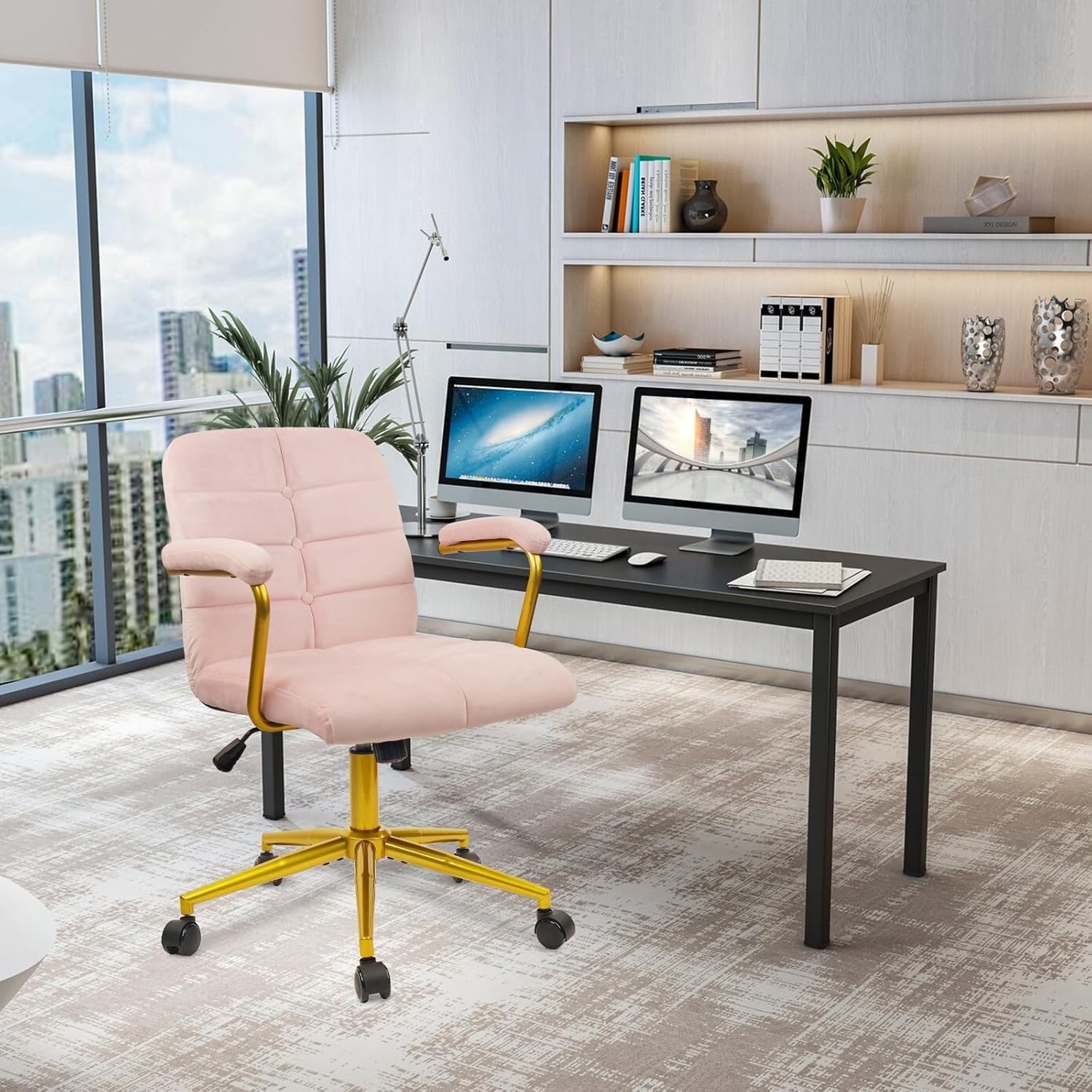 image:imageCLATINA Velvet Office Desk Chair with Armrests and Wheels Modern Upholstered Vanity Chairs with Gold Base Height Adjustabe Swivel Home Task Chair for Bedroom Study Living Room Work Pink