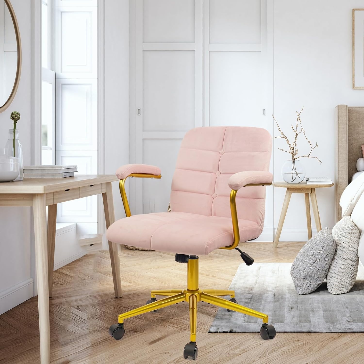 image:imageCLATINA Velvet Office Desk Chair with Armrests and Wheels Modern Upholstered Vanity Chairs with Gold Base Height Adjustabe Swivel Home Task Chair for Bedroom Study Living Room Work Pink