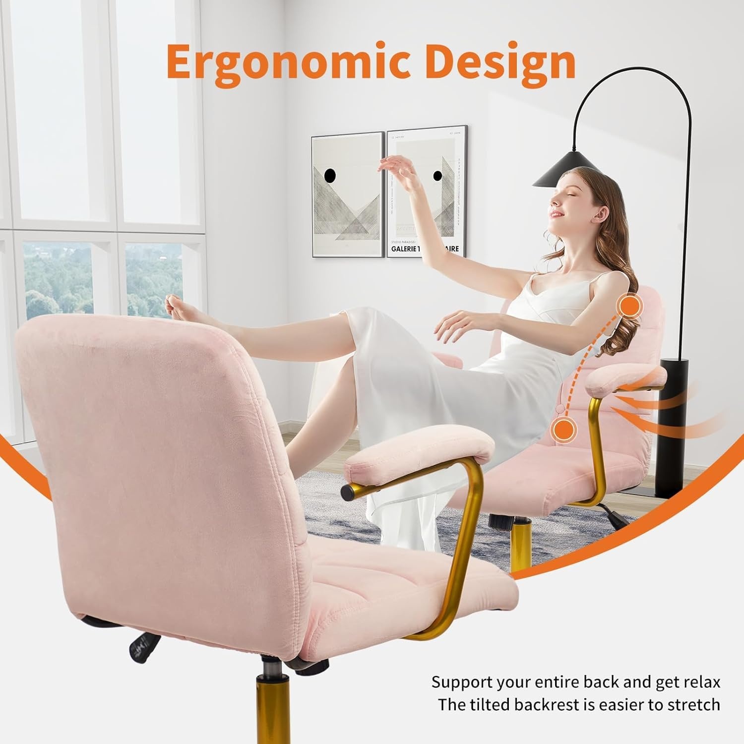 image:imageCLATINA Velvet Office Desk Chair with Armrests and Wheels Modern Upholstered Vanity Chairs with Gold Base Height Adjustabe Swivel Home Task Chair for Bedroom Study Living Room Work Pink