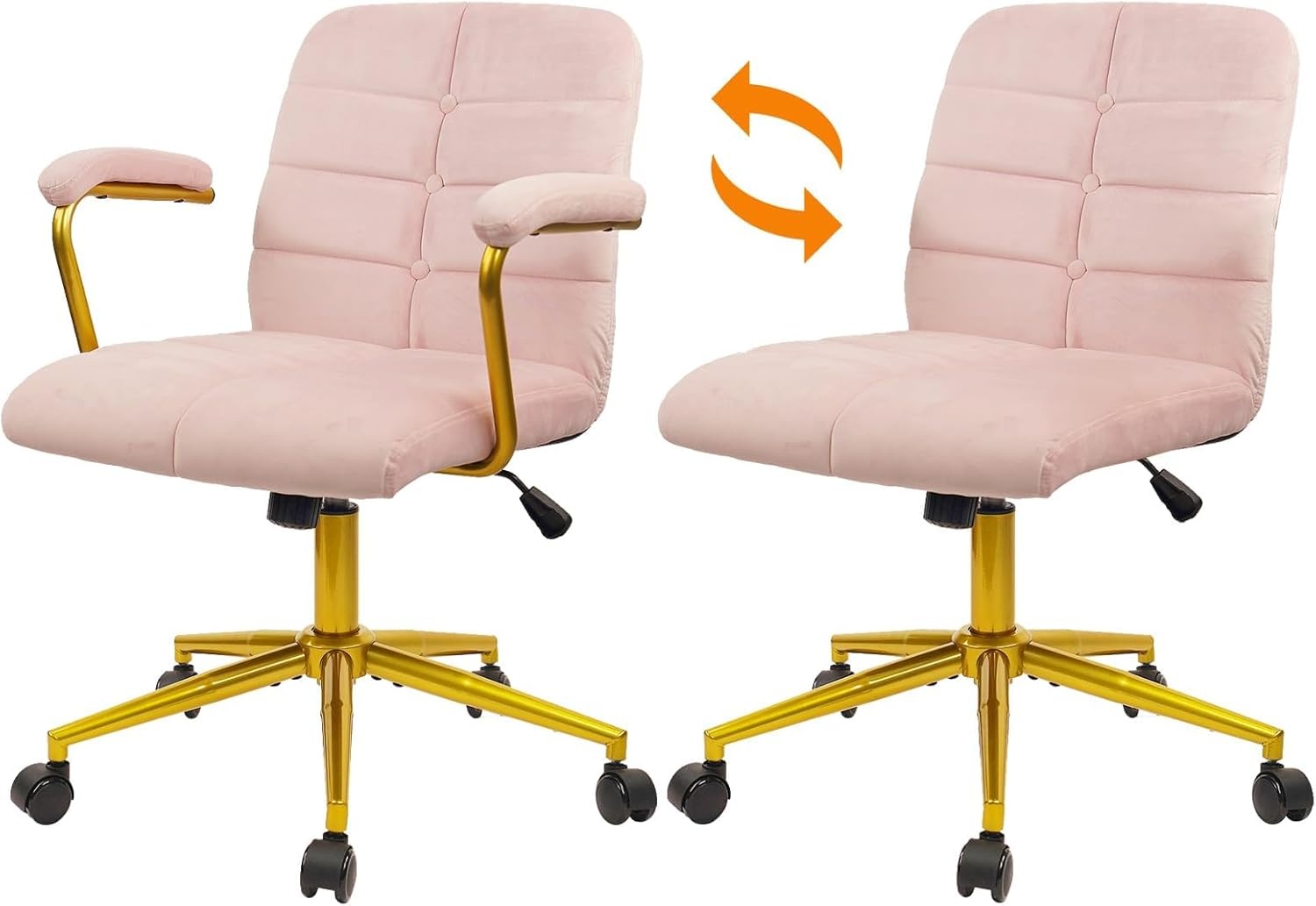 image:imageCLATINA Velvet Office Desk Chair with Armrests and Wheels Modern Upholstered Vanity Chairs with Gold Base Height Adjustabe Swivel Home Task Chair for Bedroom Study Living Room Work Pink