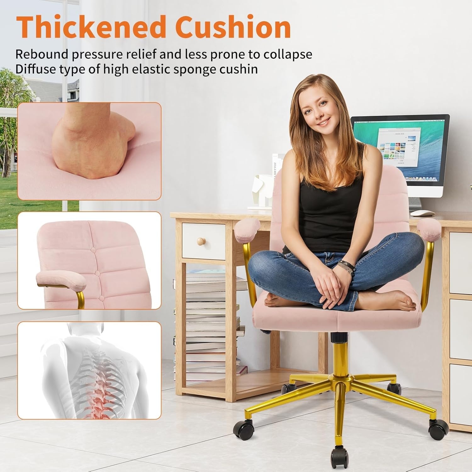 image:imageCLATINA Velvet Office Desk Chair with Armrests and Wheels Modern Upholstered Vanity Chairs with Gold Base Height Adjustabe Swivel Home Task Chair for Bedroom Study Living Room Work Pink