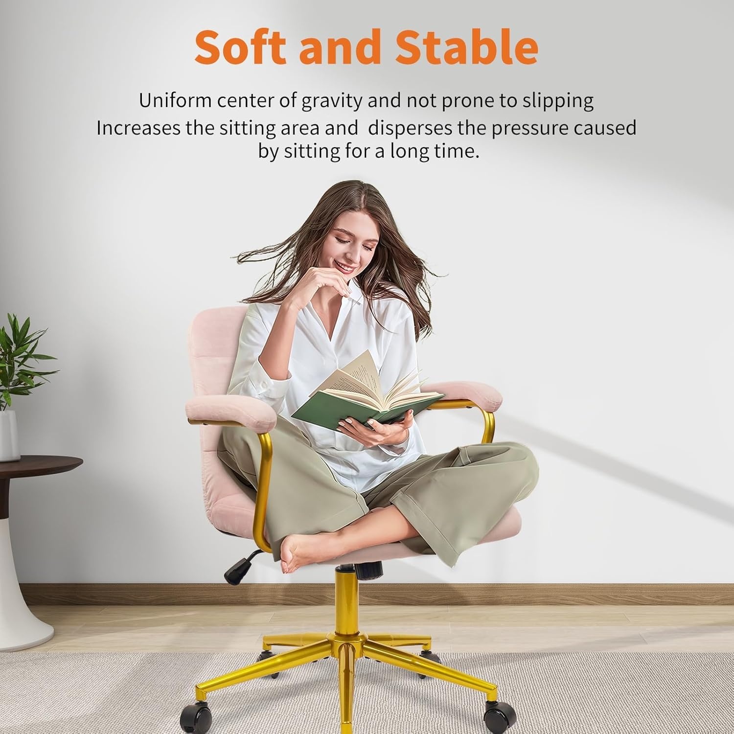 image:imageCLATINA Velvet Office Desk Chair with Armrests and Wheels Modern Upholstered Vanity Chairs with Gold Base Height Adjustabe Swivel Home Task Chair for Bedroom Study Living Room Work Pink