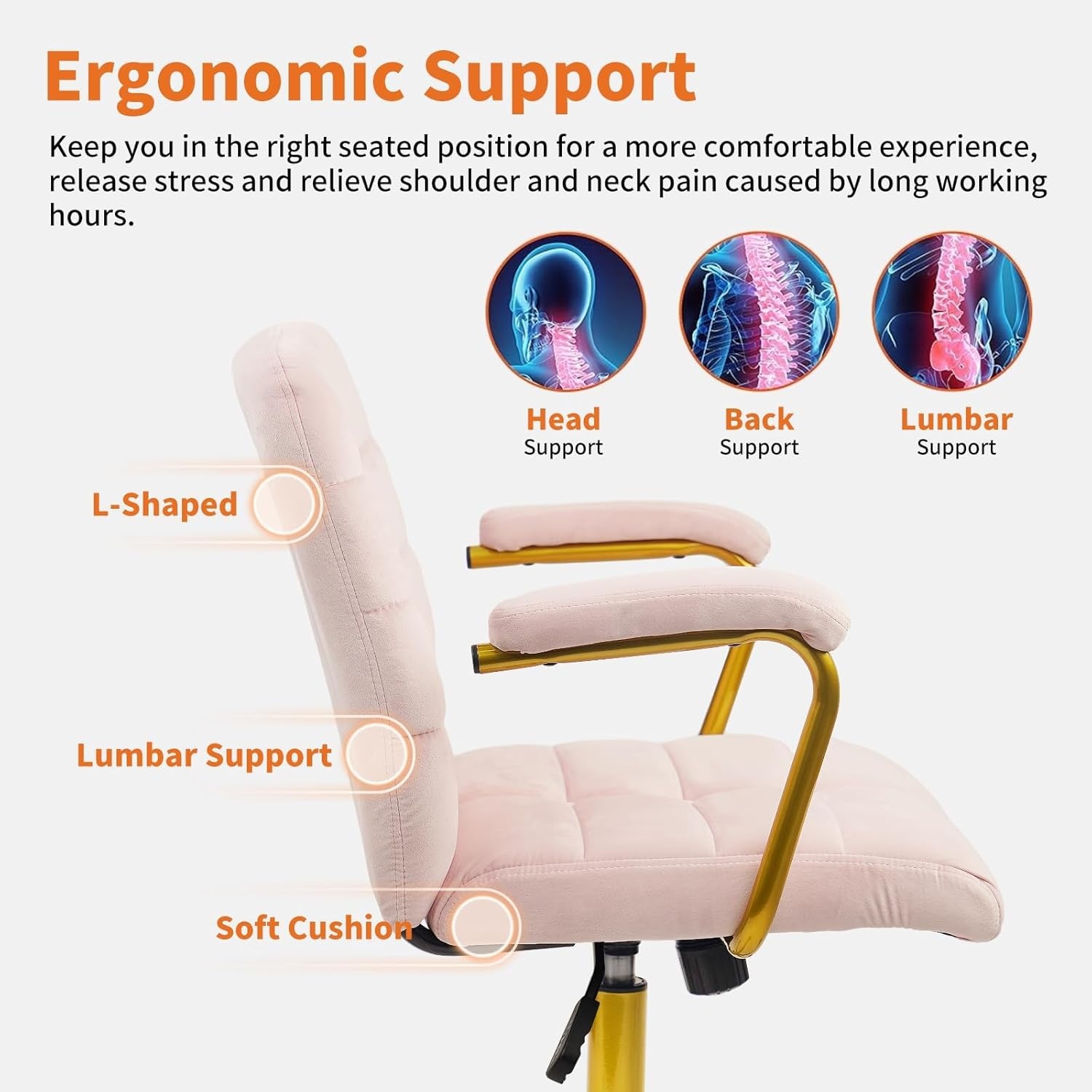 image:imageCLATINA Velvet Office Desk Chair with Armrests and Wheels Modern Upholstered Vanity Chairs with Gold Base Height Adjustabe Swivel Home Task Chair for Bedroom Study Living Room Work Pink