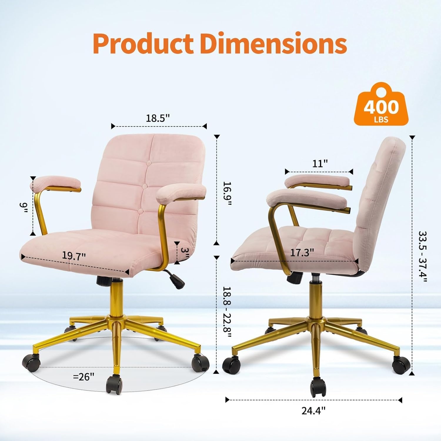 image:imageCLATINA Velvet Office Desk Chair with Armrests and Wheels Modern Upholstered Vanity Chairs with Gold Base Height Adjustabe Swivel Home Task Chair for Bedroom Study Living Room Work Pink