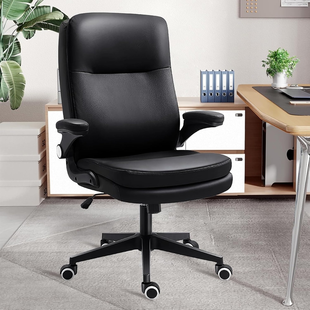 image:imageCLATINA Ergonomic Office Chair with Flipup Arms 350 LBS Black Leather Executive Desk Chairs Adjustable Height Swivel Rocking Rolling Computer Task Chair for Home Working