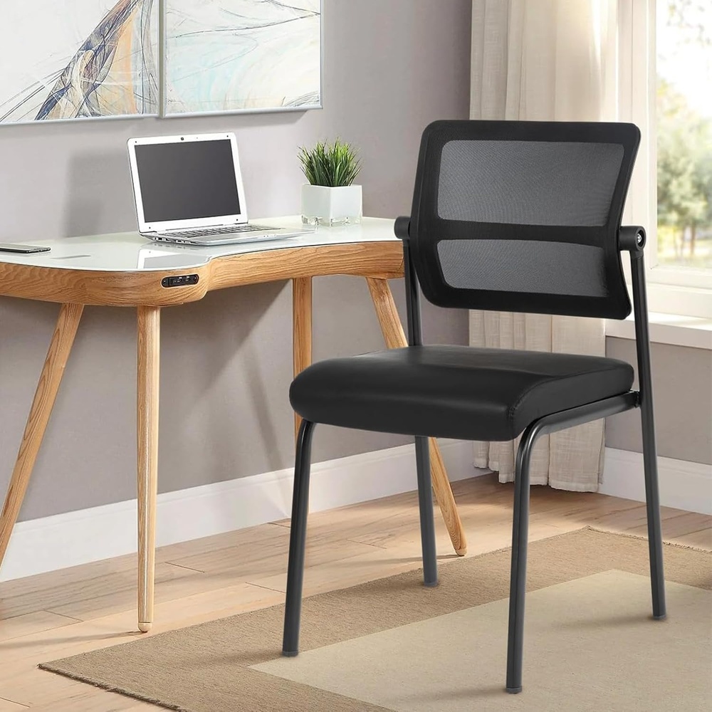 image:imageCLATINA Mesh Stacking Office Desk Chairs with Wheels Portable Stackable Bulk Waiting Room Armless Chair with Adjustable Back amp Fabric Seat for Guest Lobby Side School Church Conference Break BlackLeather Wheelless