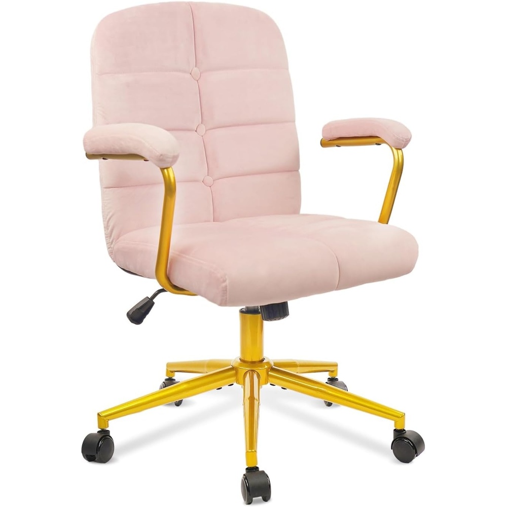 image:imageCLATINA Velvet Office Desk Chair with Armrests and Wheels Modern Upholstered Vanity Chairs with Gold Base Height Adjustabe Swivel Home Task Chair for Bedroom Study Living Room Work Pink
