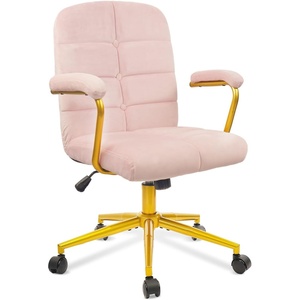 image:imageCLATINA Velvet Office Desk Chair with Armrests and Wheels Modern Upholstered Vanity Chairs with Gold Base Height Adjustabe Swivel Home Task Chair for Bedroom Study Living Room Work Pink